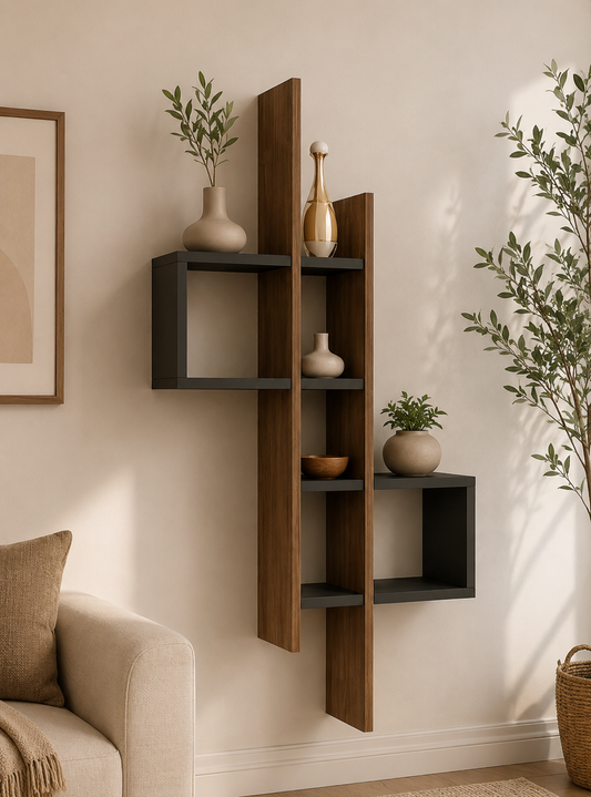 رف حائط خشبي هندسي بتصميم عصري