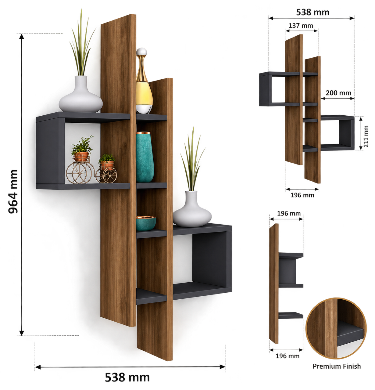 رف حائط خشبي هندسي بتصميم عصري