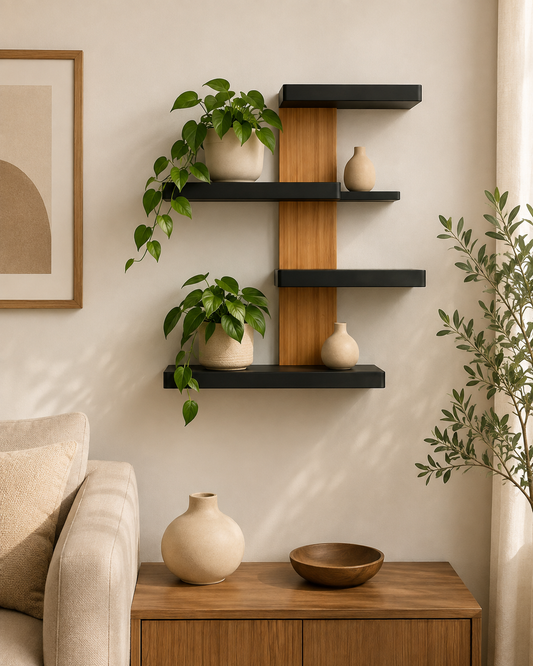 رف حائط خشبي بتصميم هندسي عصري