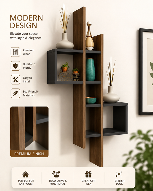 رف حائط خشبي هندسي بتصميم عصري
