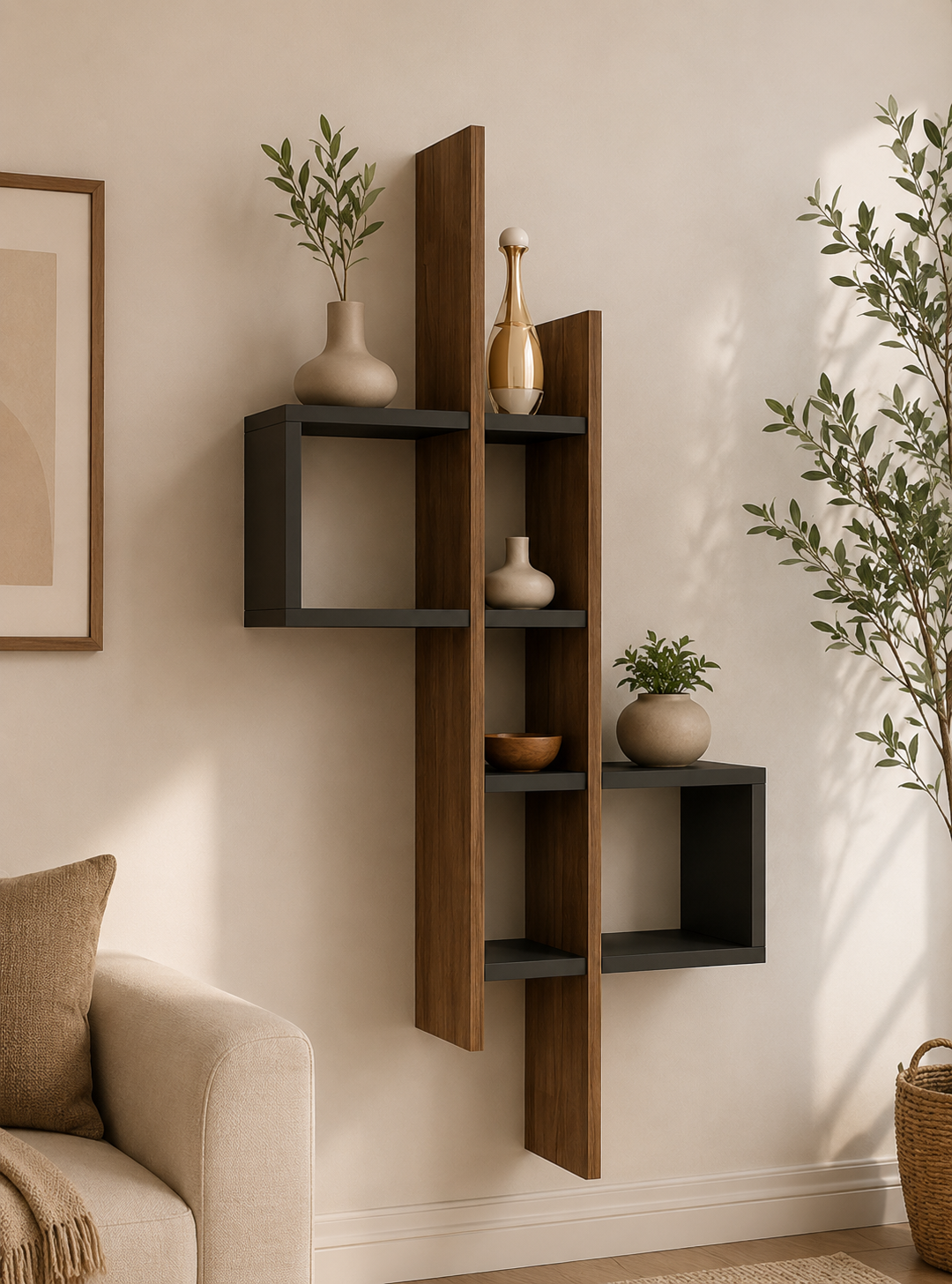 رف حائط خشبي هندسي بتصميم عصري